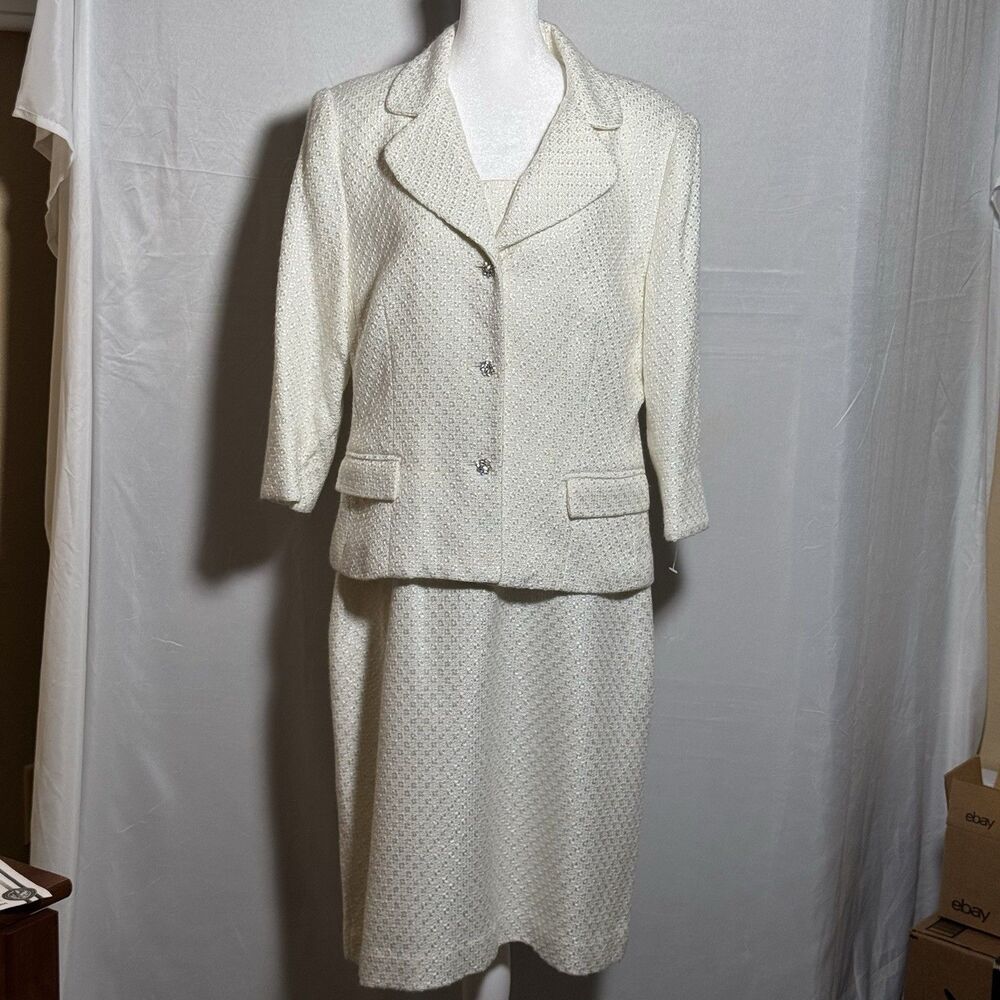 Talbots Womens 14 White Textured Dress Jacket 2 Pc Suit Set Church Wedding